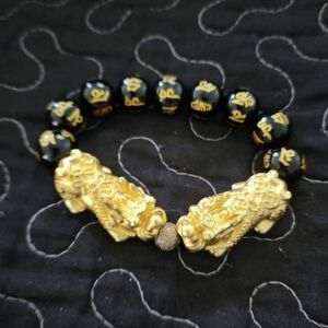 Gold Pixiu Bracelet with Black Beads